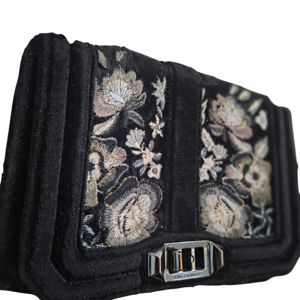Rebecca Minkoff Floral Embroidered Black & Chrome Velvet Velour Purse Women S
